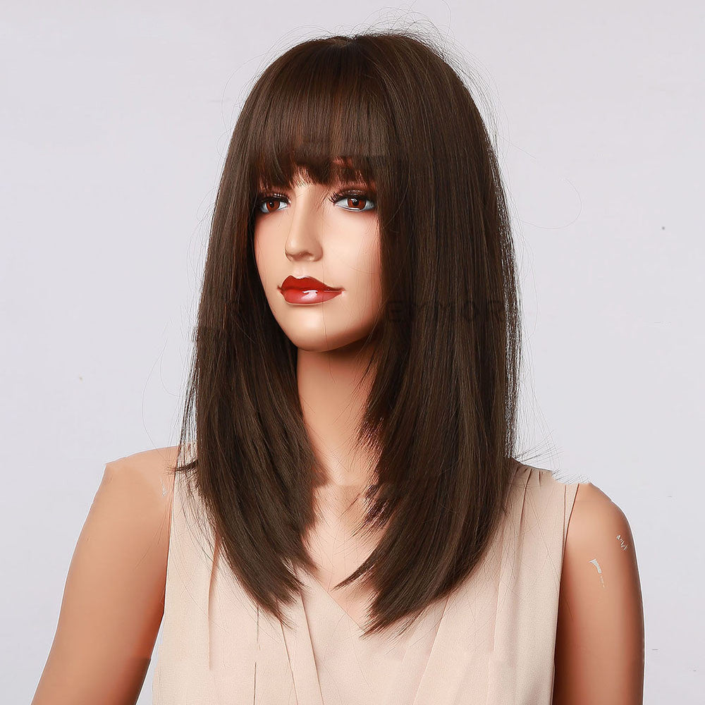 Black & Brown Shoulder-Length Wig with Bangs