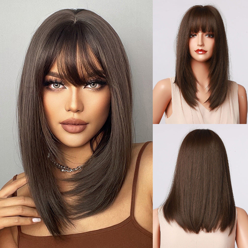 Black & Brown Shoulder-Length Wig with Bangs